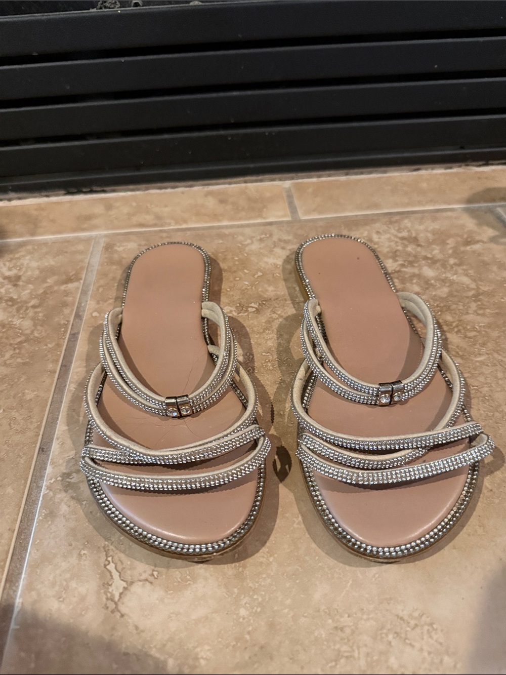 Beige Rhinestone Multi-Strap Slide Sandals - Women's